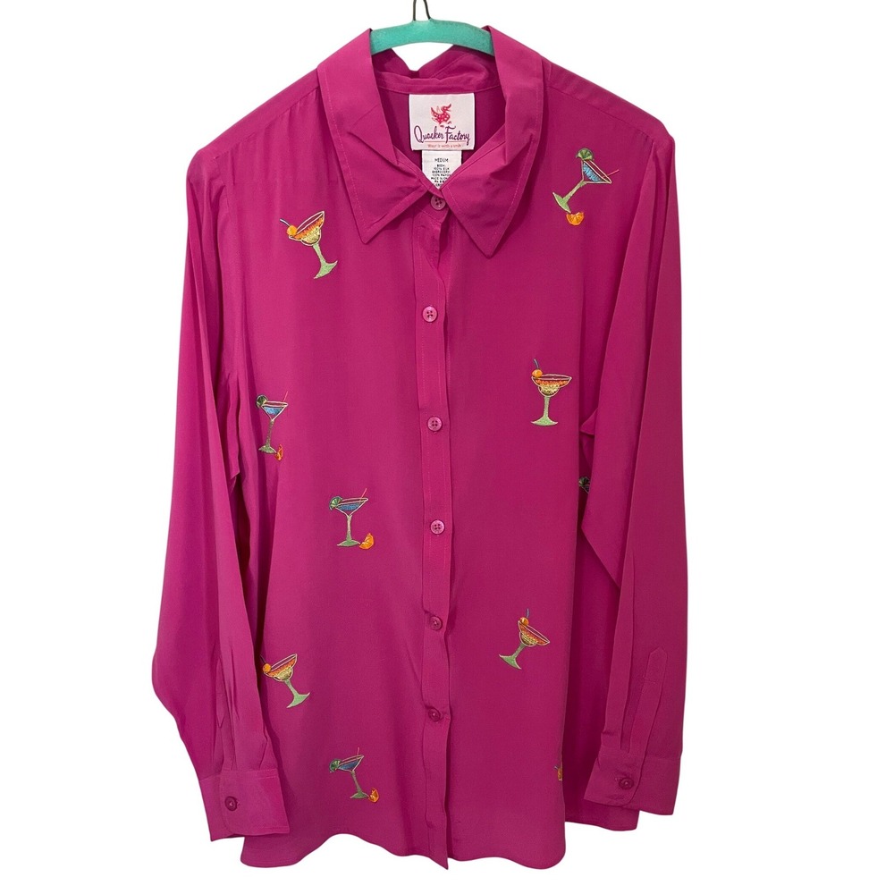 Quacker Factory Size M Pink 100% Silk Embroidered Cocktail Martini Glass Shirt